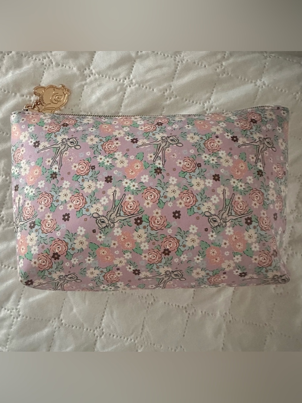 Disney Lavender Floral Bambi Cosmetic Bag with Gold Charm